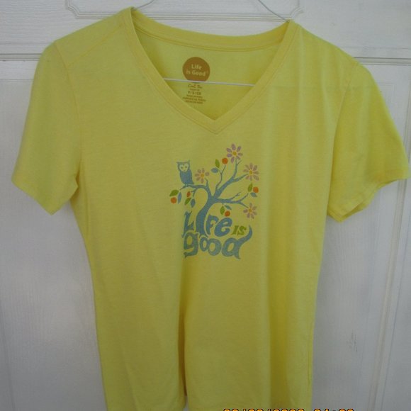 Women's Life is Good Happy Owl Tree Yellow Tee S - Picture 1 of 4
